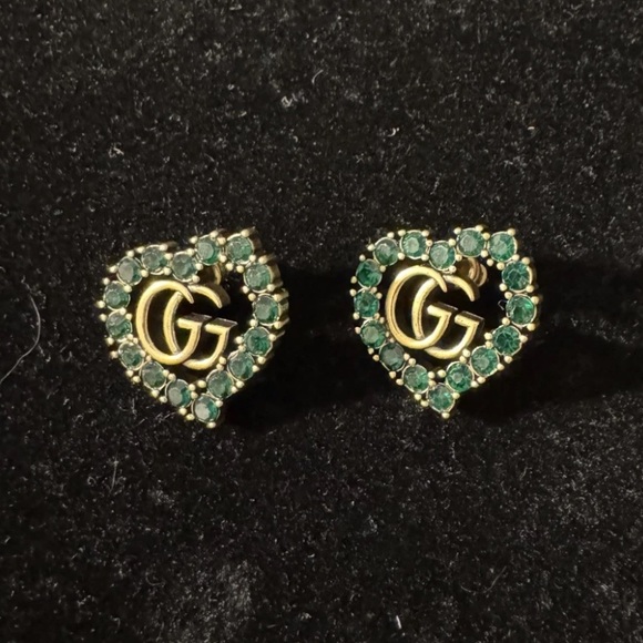 Gucci Green Crystal Heart Interlock Antique Gold Earrings
